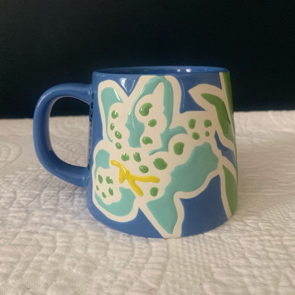 STARBUCKS 2021 Embossed Iris Flower Blue Mug 12Oz Flared Base Coffee Tea Cup
